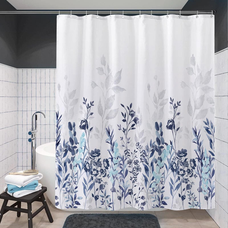 Neasow Blue and Grey Shower Curtain, Watercolor Floral Bathroom Curtain Teal and White 72Ã—72 inches - Image 4